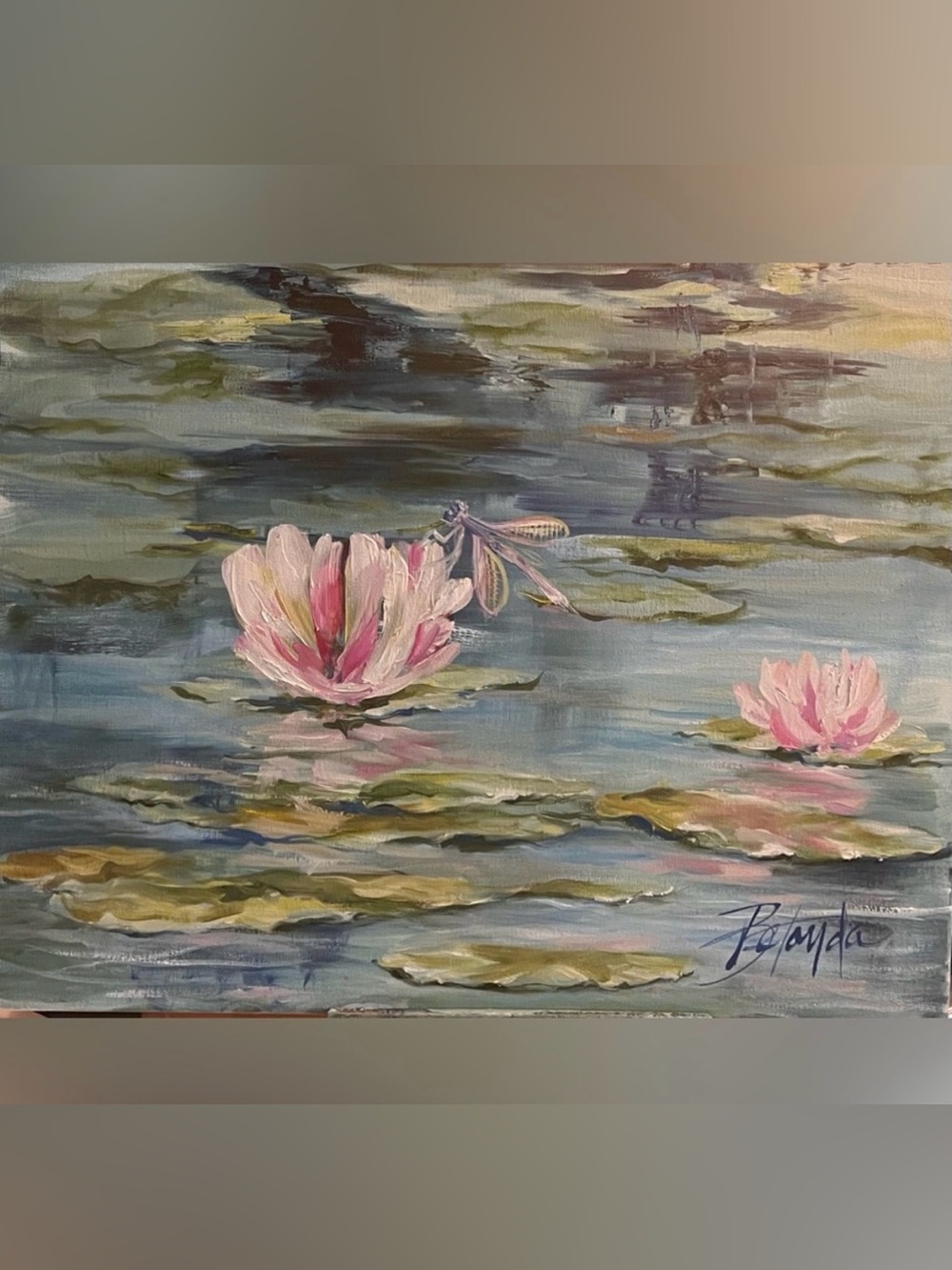 Oil painting Lili pad flower and dragonfly